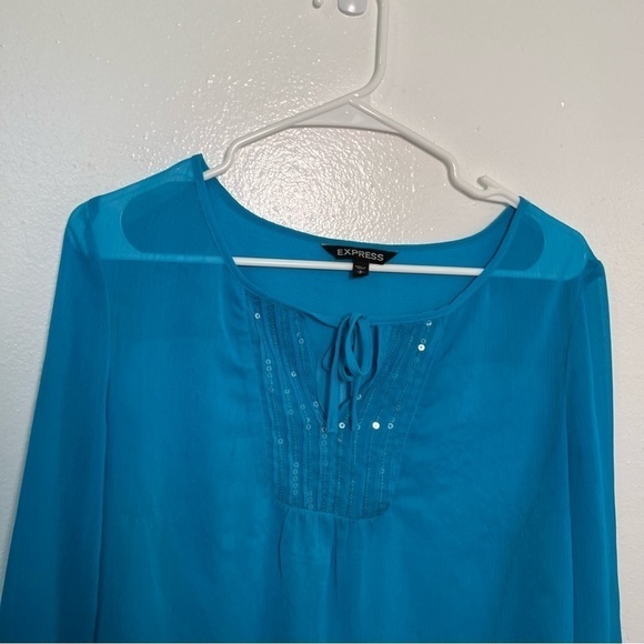 Express Sheer Blouse Peacock Blue Sequins - Picture 2 of 14